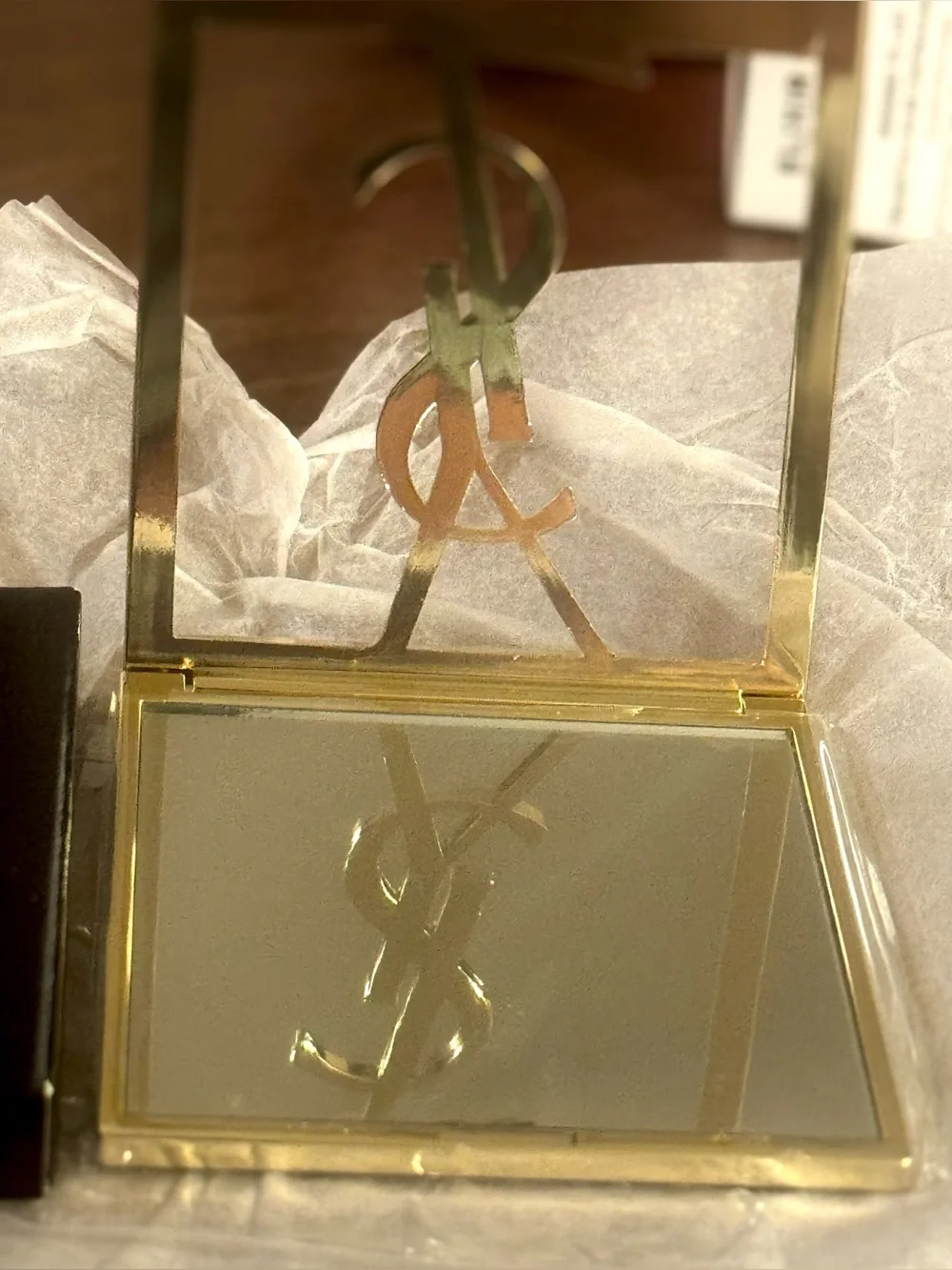 Rare!Yves Saint Laurent Gold Logo Compact Mirror with Black Case